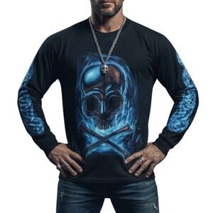 Lightening Clothing Black Blue Skull Graphic Long Sleeve T-shirt Men’s Medium